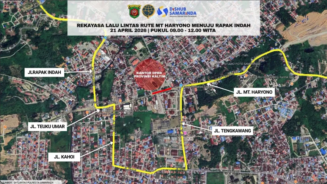 Peta rekayasa lalu lintas di sekitar Gedung DPRD Provinsi Kaltim yang mulai diberlakukan pada Selasa, 21 April 2026, pukul 09.00 hingga 12.00 WITA. Pengendara dari arah Jalan MT Haryono menuju Rapak Indah akan dialihkan melalui rute Jalan Tengkawang, Jalan Kahoi, dan Jalan Teuku Umar guna mengantisipasi kepadatan saat penyampaian aspirasi masyarakat.